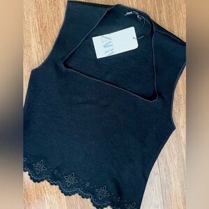 NWT Zara Top Black Sleeveless BodyCon Knit Cutout Cutwork Trim Hem Square Neck